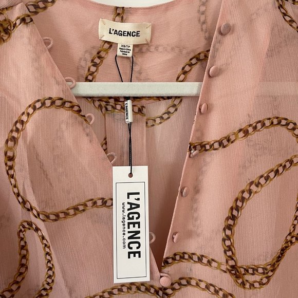 L'Agence Pink Gold Chain Print Sheer Blouse Size XS Extra Small New - Picture 2 of 7